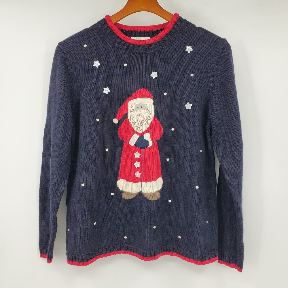 Vtg Christopher & Banks Santa Claus Christmas Sweater Navy Star Button S Grandma